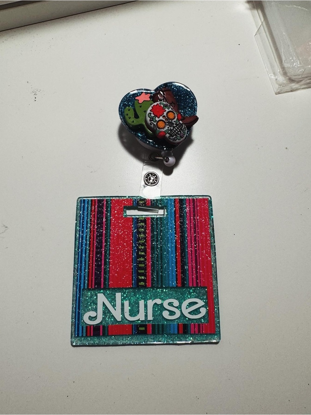 Sugar skull nurse Badge Reel with Glittery Teal & Pink Stripes